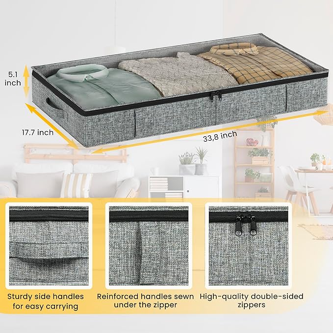 Clutter Mutter Gray Low Profile Under Bed Storage Containers 5 inches high, 33.8"x 17.7"x 5.1", Sturdy Underbed Shoe Storage Organizer, Foldable Fabric Under the Bed Storage Bins - Pack of 2