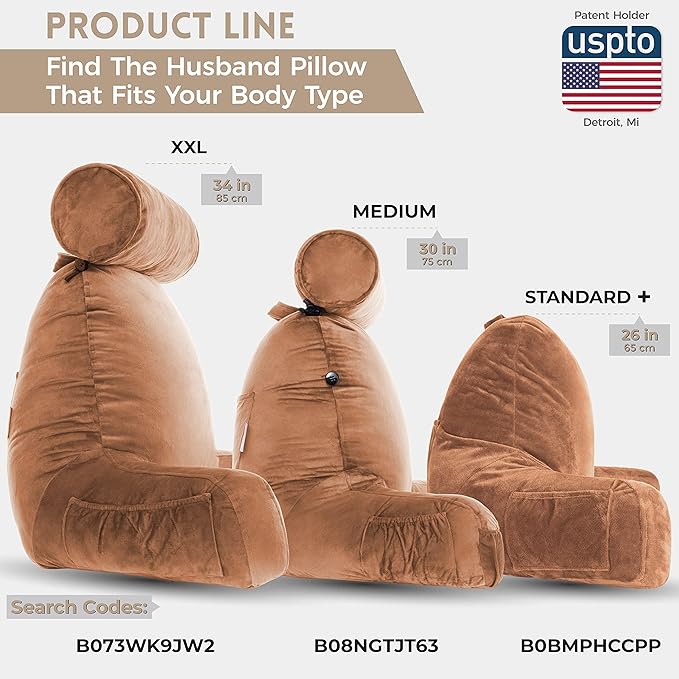 Husband Pillow Tan, Original Reading Pillow in Bed Rest Chair, Shredded Memory Foam Large Lounge Cushion Adult Backrest with Arms, Comfy Back Support for Sit Sitting Up, Washable/Removable Cover