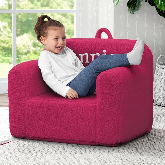 Delta Children Personalized Sherpa Cozee Chair - Customize with Name – Foam Kids Chair for Ages 18 Months and Up, Hot Pink