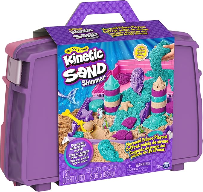 Kinetic Sand, Mermaid Palace Playset with 2.06lbs Play Sand (Neon Purple, Shimmer Teal & Beach), Tools & Folding Sandbox, Sensory Toys for Kids