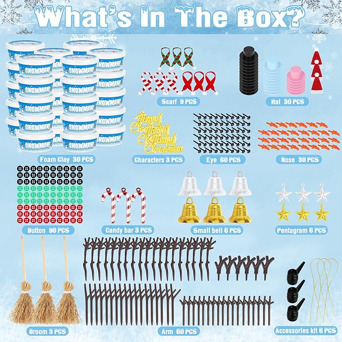 30 Pack Snowman Kit - Build a Snowman Kit DIY Christmas Craft Gifts - Creative Air Dry Clay Modeling Crafts Kit for School Winter Party Activities - Perfect Christmas Activity Gifts for Kids Indoors