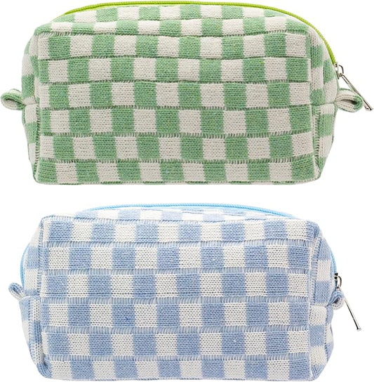 PAZIMIIK Checkered Makeup Bag for Purse Portable Zipper Make Up Pouch Small Cosmetic Case for Travel Accessories (2PCS Blue Light Green)