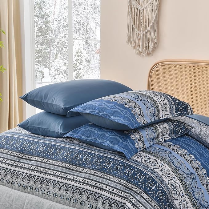 Cottolester Boho Comforter Set Queen Size,8 Pieces Blue and Grey Bohemian Striped Bed in a Bag,Paisley Soft Microfiber Bedding Comforter Set