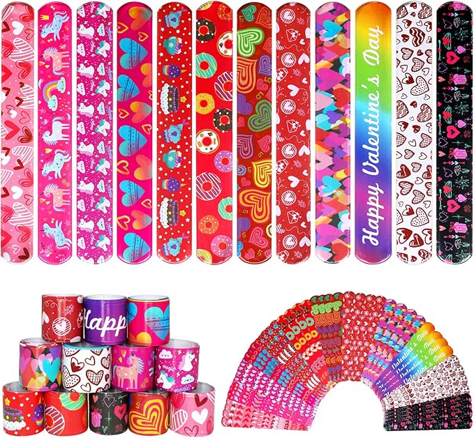 48 Pcs Valentines Slap Bracelets Valentine's Day Snap Bracelets for Kids Valentine Party Favor