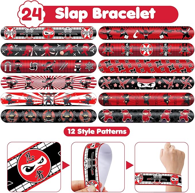 48PCS Ninja Party Favors - 24PCS Tattoos & 24PCS Slap Bracelets - Ninja Birthday Party Supplies, Samurai Baby Shower Decorations, Gifts, Classroom Prizes for Boys & Girls
