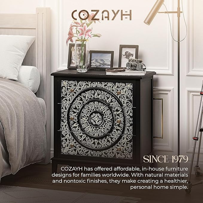 COZAYH 3-Drawer Fully-Assembled Flower Motif Dresser for French Country, Modern, Rustic Style, Distressed Finish, Gold & Black