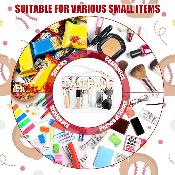 BuyCard Baseball Gifts Makeup Bag with Chenille Letter Patch, Clear Cosmetic Pouch PVC Organizer Purse, Waterproof Travel Bag, Portable Toiletry Storage Bag for Her Friends