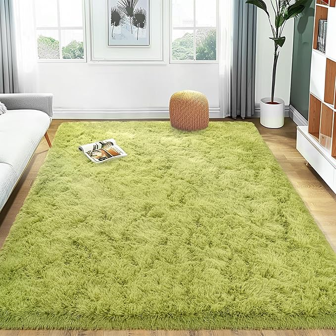 Xexsin Ultra Fluffy Area Rugs for Living Room Bedroom, 6x9 Fuzzy Large Living Room Rugs, Thick Shag Rug for Dorm, Soft Non Slip Kids Girls Boys Rug for Home Decor Aesthetic, Green