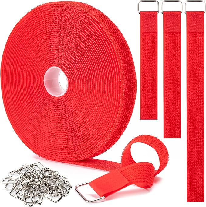 1" x32Ft Hook and Loop Straps with 50 Metal Buckles, Adjustable Fastening Cable Straps, Free Cut Length, Reusable Nylon Cable Ties for Organizer or Storage, Red