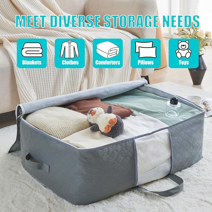 105L Extra Large Storage Bags for Blankets, King Comforters, Bedding, Clothes, Pillows, Sheets - Closet Organizers and Storage with 4 Handles & Clear Window, Foldable & Breathable (Grey, 3pack)