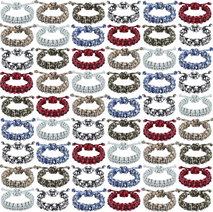 Inbagi 50 Pieces Adjustable Paracord Bracelets Bulk Friendship Bracelets Camo Parachute Survival Bracelet Braided Wristband for Women Men Camping Climbing Theme Party Favor, 6 Colors