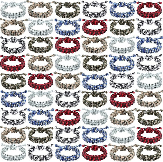 Inbagi 50 Pieces Adjustable Paracord Bracelets Bulk Friendship Bracelets Camo Parachute Survival Bracelet Braided Wristband for Women Men Camping Climbing Theme Party Favor, 6 Colors