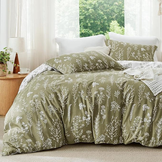 Bedsure California King Comforter Set - Olive Green Bed Set, 3 Pieces Cute Floral Bedding, 1 Soft Reversible Botanical Flowers Comforter and 2 Pillow Shams