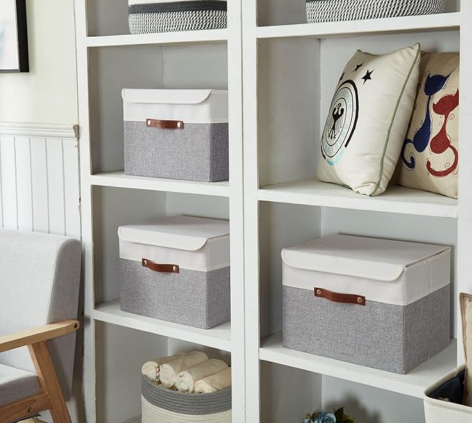 DECOMOMO Fabric Storage Bins with Lid, Storage Baskets for Shelves (Grey and White, 3 Pack)