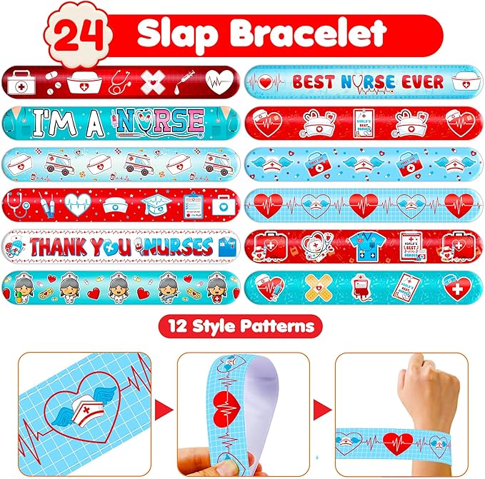 48 PCS Nurse Party Favors 24PCS Tattoos Sticker 24PCS Slap Bracelets Wristbands Perfect for Themed Birthday Party Favors Baby Showers or Classroom Rewards Ideal Decor and Gifts for Girls and Boys