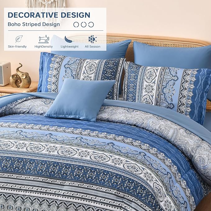 Cottolester Boho Comforter Set Queen Size,8 Pieces Blue and Grey Bohemian Striped Bed in a Bag,Paisley Soft Microfiber Bedding Comforter Set
