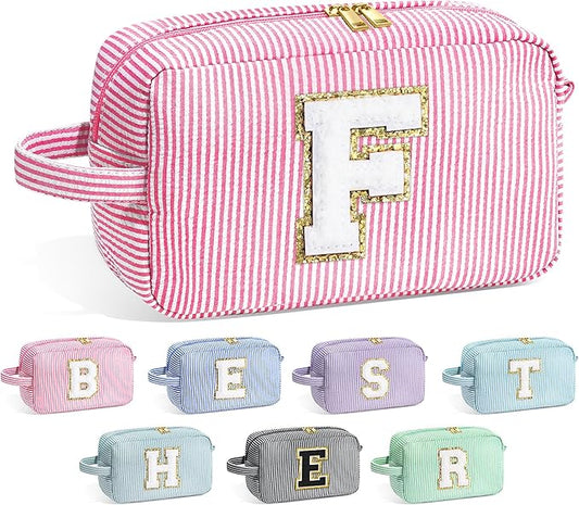 YOOLIFE Gifts for Women Teen Girls Kids - Initial Makeup Bag Cosmetic Case Toiletry Pouch, Birthday Gifts for Women Friends Sister Teacher, Pink F