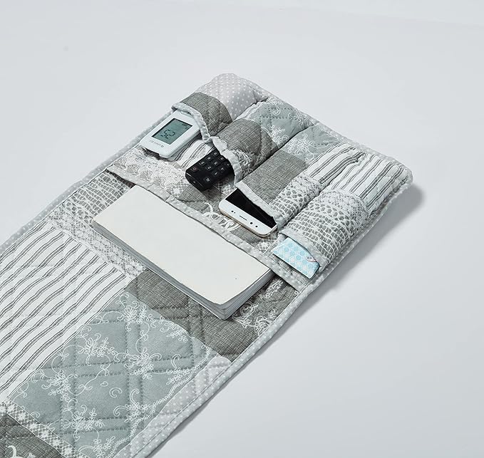 Brilliant Sunshine Grey Floral Patchwork Sofa Armrest 5 Pockets Organizer, Slip Resistant Recliner Armchair Caddy, Washable Remote Controls Holder, Storage for Magazine, Tablet, iPad, 35×13", Grey