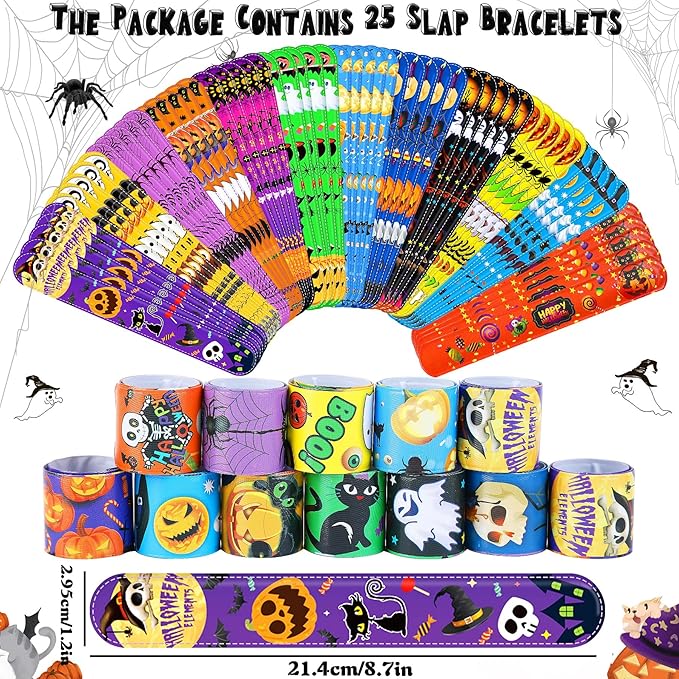 JUNEBRUSHS 50 Pack Halloween Party Favors Halloween Slap Bracelets Rubber Wristbands Assorted for Kids Halloween Slap Bands for Boys Girls Halloween Classroom Prizes Gifts Toys Treat Bag Fillers