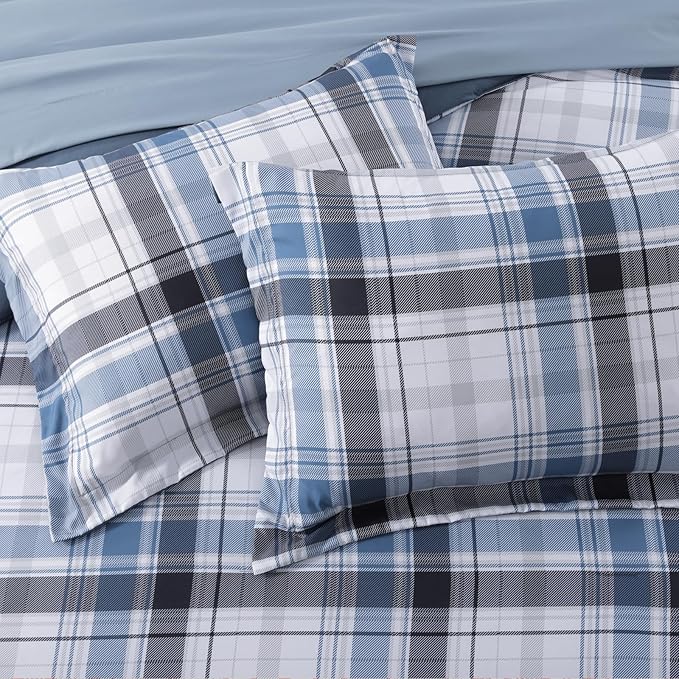 MaiRêve Twin XL Size Plaid Comforter Set Lake Blue, Classic 5 Pieces Farmhouse Bedding Set, All Season Lightweight Bed in A Bag with Sheets, Pillowcase & Sham