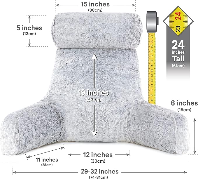 Husband Pillow Medium Rare Baby Arctic Grey Wolf Backrest, 2-Tone Reversible Double Sided Fabulous Faux Fur Reading & Bed Rest Pillow with Arms & Neck Roll, Adjustable Memory Foam - Extremely Comfy