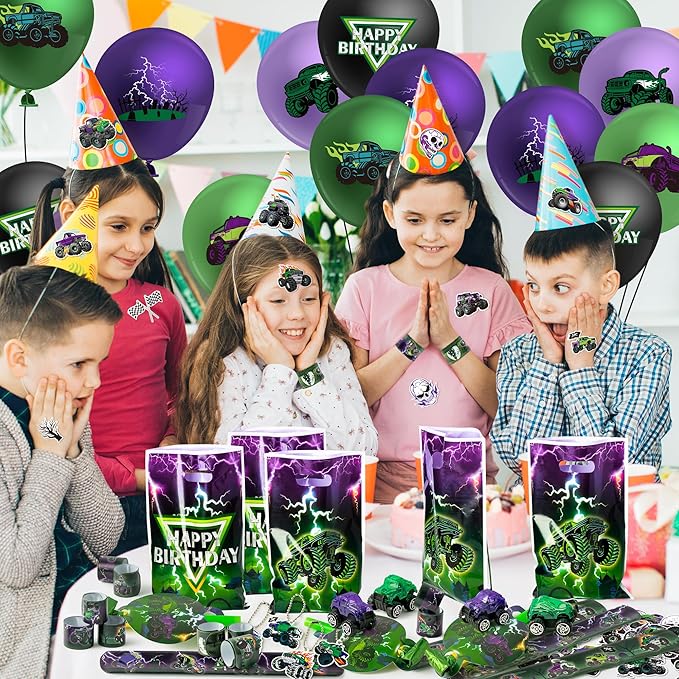 Haooryx Green Purple Monster Truck Party Favor - 122Pcs Monster Truck Slap Bracelets Sticker Blowouts Noisemakers Mini Vehicles Car Toy Keychain with Gift Bag for Kids Birthday Party Goodie Bag Supply