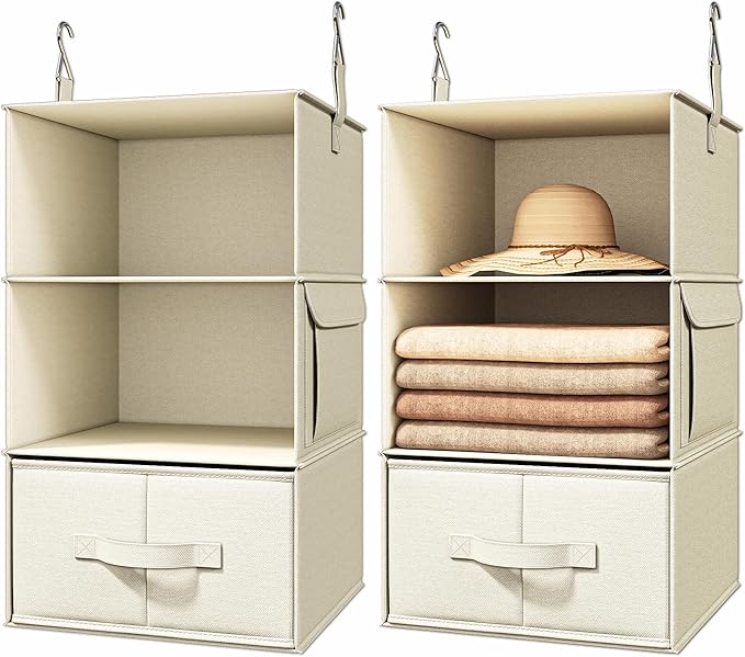 Vailando 3-Shelf Hanging Closet Organizer, Set of 2 Hanging Shelves with 2 Drawers for Wardrobe, Nursery, Baby Clothes Storage and Organization, Beige
