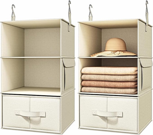 Vailando 3-Shelf Hanging Closet Organizer, Set of 2 Hanging Shelves with 2 Drawers for Wardrobe, Nursery, Baby Clothes Storage and Organization, Beige