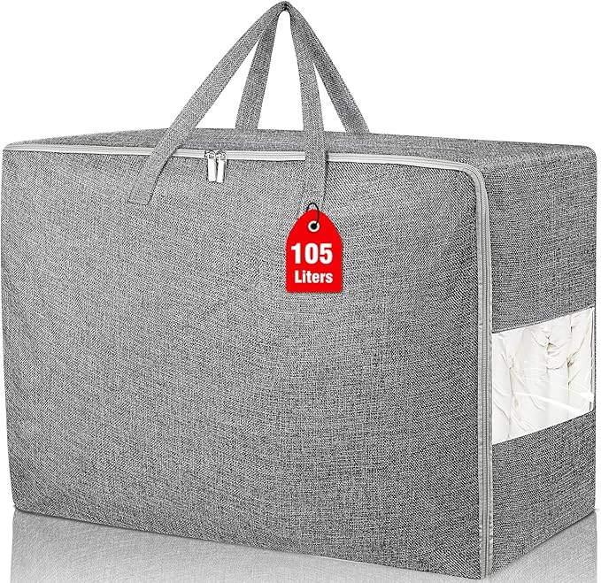 105L Extra Large Storage Bags, Folding Moving Comforter Blanket Storage Bags Closet Organizers and Storage Containers for Clothes with Strong Handles&Zippers Clear Window for Bedding Pillow, Grey