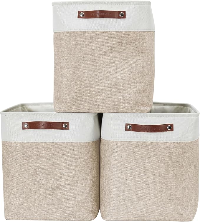 DECOMOMO Extra Large Storage Baskets, 54.5L Fabric Storage Bins for Organizing Linen Closet, Nursery (Khaki & White, XXXL - 3 pack)