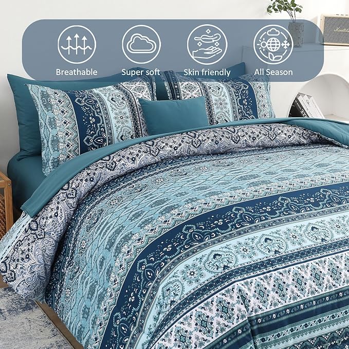 Cottolester Boho Full Size Comforter Set 8 Pieces, Teal Blue Comforter Bohemian Striped Bed in A Bag, Soft Microfiber Bedding Set for All Seasons
