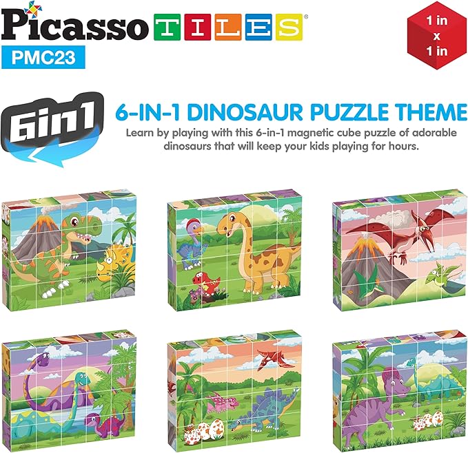 PicassoTiles Magnetic Cube Puzzle 6-in-1 Dinosaur Theme Pattern Magnet Brain Teaser Building Cubes 120 Pictures Toy Set Kids Ages 3 & Up Preschool Children Promote Problem Solving Skills PMC23