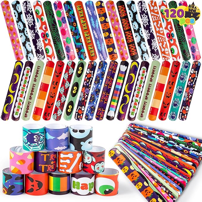 JOYIN 120 PCS Halloween Slap Bracelets Party Favors for Kids - 24 Designs Bracelets for Halloween Decorations, Halloween Treat Bag Stuffers, Non-candy Gift