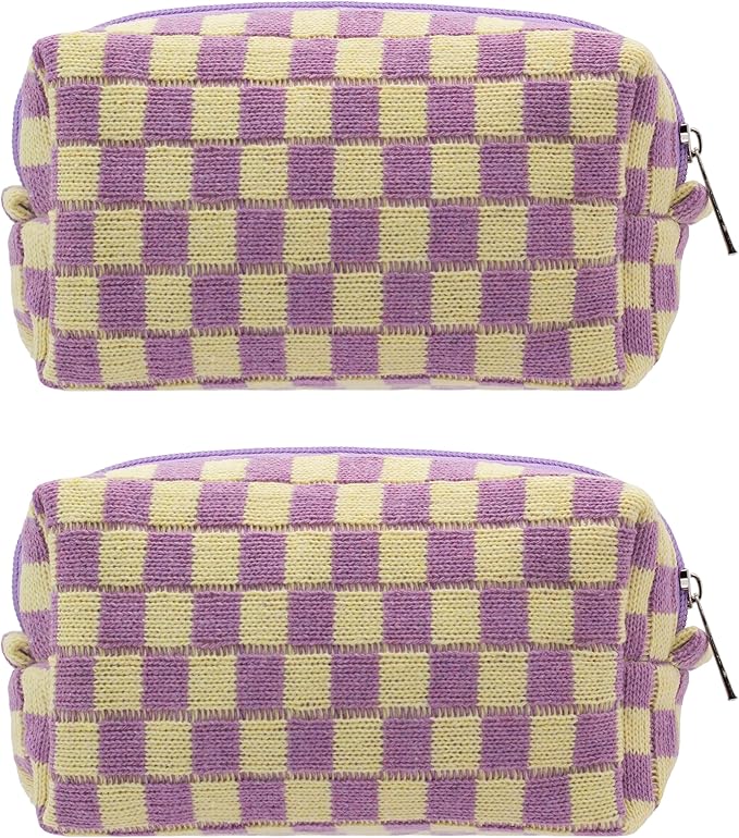 PAZIMIIK Checkered Makeup Bag for Purse Portable Zipper Make Up Pouch Small Cosmetic Case for Travel Accessories (2PCS Purple)