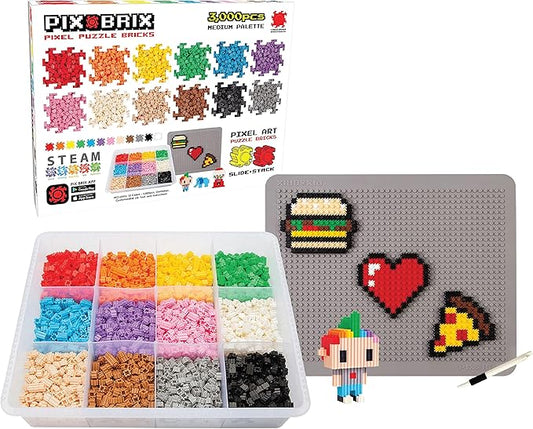 Pix Brix Pixel Art Puzzle Bricks – 3,000 Piece Pixel Art Container, 12 Color Medium Palette – Interlocking Building Bricks, Create 2D and 3D Builds Without Water or Glue – Stem Toys, Ages 6 Plus