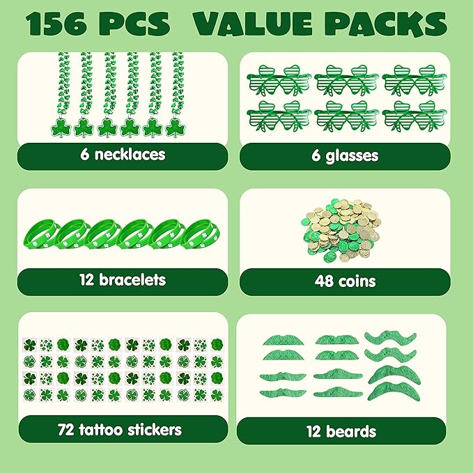 JOYIN 156 Pcs St. Patrick's Day Party Favor Set, 6 Necklaces 6 Eyeglasses 12 Bracelets 72 Temporary Tattoos 12 PCS Mustache 48 Plastic Coins St Patricks Day Accessories