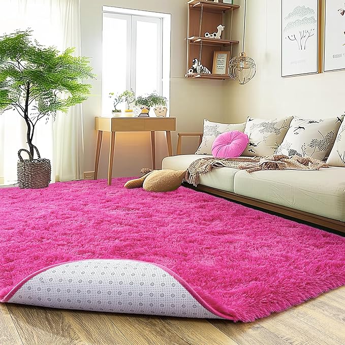 Xexsin Ultra Fluffy Area Rugs for Living Room Bedroom, 6x9 Fuzzy Large Living Room Rugs, Thick Shag Rug for Dorm, Soft Non Slip Kids Girls Boys Rug for Home Decor Aesthetic, Hot Pink
