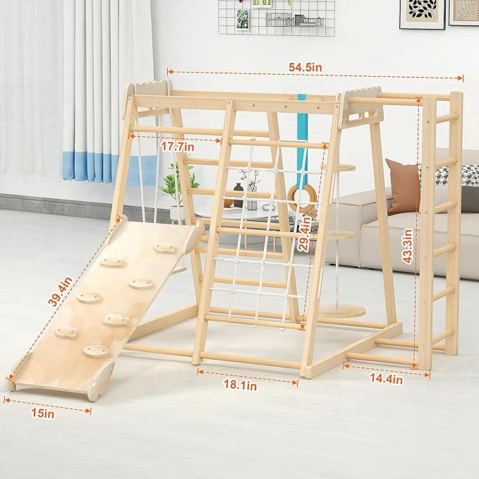 Jungle Gym, Toddler Climbing Toys, Indoor Playground Climbing Toys for Toddlers, Montessori Style Playground Sets for Backyards with Slide, Climbing Wall, Rope Wall Climber, Monkey Bars, Swing