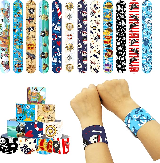 48 Pcs Slap Bracelets for Kids Pirate Party Favors Toys Slap Bracelets Bulk Snap Bracelet for Boys Birthday Party Supplies Classroom Prizes Exchanging Gifts Christmas Easter Halloween Holiday Gifts