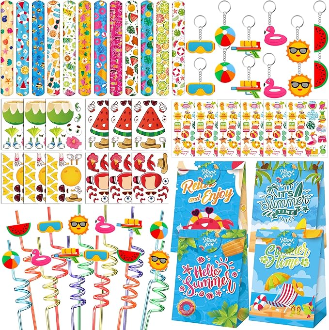 Erweicet Summer Beach Party Favors 72 PCS Summer Pool Slap Bracelets DIY Stickers Keychains Temporary Tattoos Plastic Straws Party Gift Bags for Hawaiian Luau Theme Birthday Party Baby Shower