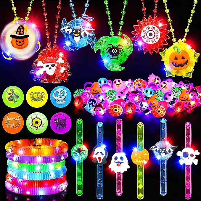 66Pcs Halloween Party Favors for Kids, Light Up Rings Spin Necklaces Halloween Goodie Bag Fillers Treats Prizes Glow in The Dark Halloween Toys Bulk Carnival Classroom Favors Trick or Treat Toys
