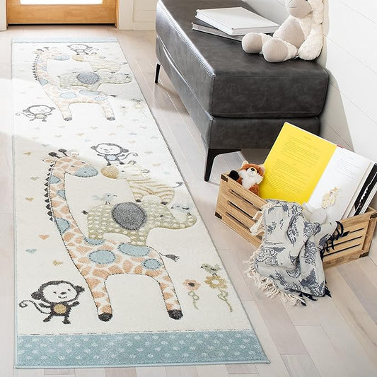 SAFAVIEH Carousel Kids Collection Runner Rug - 2' x 8', Ivory, Animal Design, Non-Shedding & Easy Care, Ideal for High Traffic Areas for Boys & Girls in Playroom, Nursery, Bedroom (CRK120A)