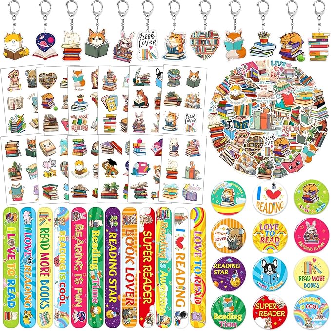98 PCS Reading Book Party Favors, Reading Book Temporary Tattoos Slap Bracelets Stickers Badges Keychains for Reading Book Birthday Party Decorations Supplies for Kids Boys Girls Book Lovers