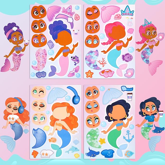 JOYIN 36 Pcs 9"x6" Mermaid Make a face Stickers for Kids, Make Your Own Mermaid Sticker Sheets, Party Favors Kids Crafts, Goodie Bags Stuffers, Classroom Rewards