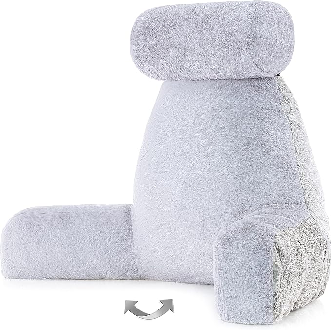 Husband Pillow XXL Rare Baby Arctic Grey Wolf Backrest, Two-Tone Reversible Double Sided Fabulous Faux Fur Reading & Bed Rest Pillow with Arms & Neck Roll, Adjustable Memory Foam - Extremely Comfy