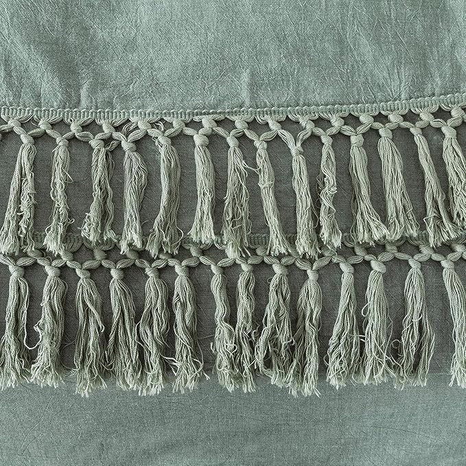 Helthep Vintage 100% Washed Cotton Tassel King Size Bedding Set Dark Sage Green 3Pcs Duvet Cover Set Fringed Boho Hidden Zipper Closure Soft Breathable Green Comforter Cover w Tassels