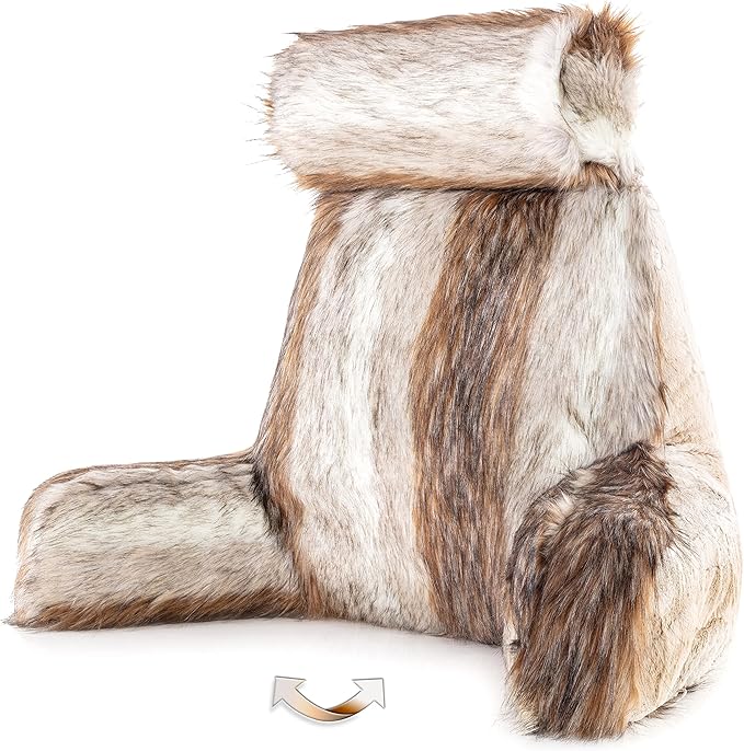 Husband Pillow Medium Rare Baby Coyote Fabulous Faux Fur Backrest, Two-Tone Reversible Double Sided Reading & Bed Rest Pillow with Arms & Neck Roll Adjustable Memory Foam - Sit Up Extremely Comfy