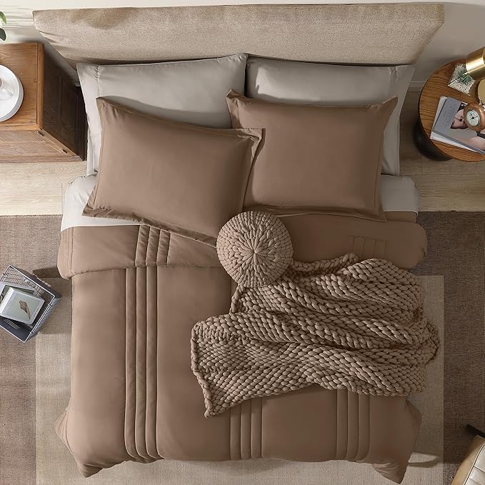 Monbix Queen Comforter Set - 7 Pieces Raw Umber Bed in a Bag Queen Bedding Sets with Comforters, All Seasons Comforter Bed Set with Sheets, Pillowcases & Shams