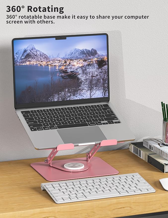 ALASHI Laptop Stand for Desk with 360° Rotating Base, Multi-Angle Adjustable Laptop Stands, Foldable Laptop Riser Compatible with 10 to 15.6 Inches PC Computer, Pink