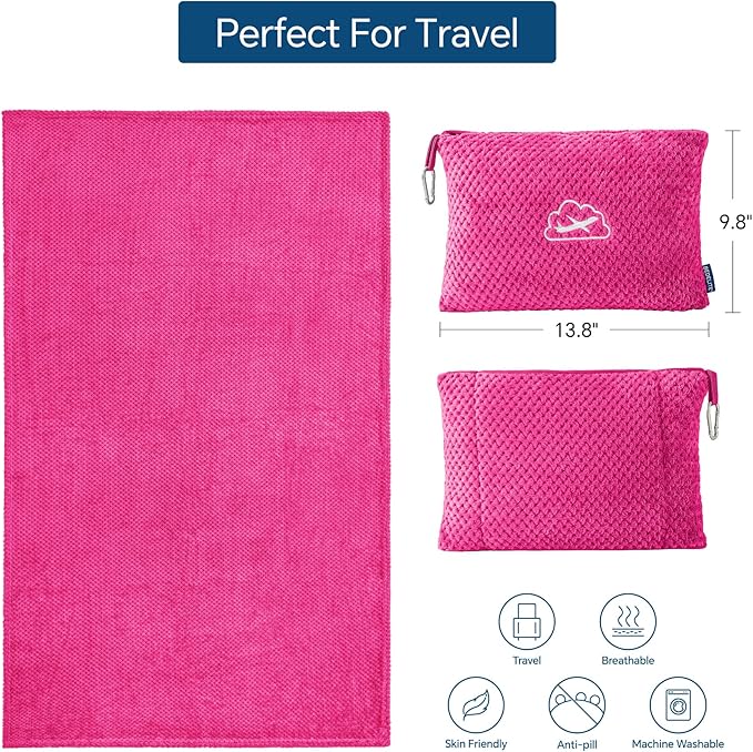 BEDELITE Travel Blanket with Bag, Ultra-Soft Jacquard Fleece Blanket with Luggage Sleeve & Backpack Clip, Airplane Blanket Travel Essentials, Hot Pink